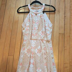 BCBGMAXAZRIA Blush Halter Lace Cocktail Dress Geometric Crochet